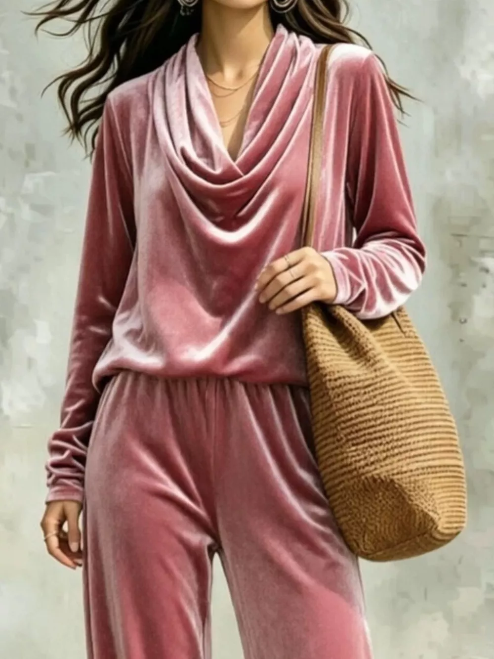 Full Size Velvet Cowl Neck Long Sleeve Top and Pants Set Plus Size, image 2