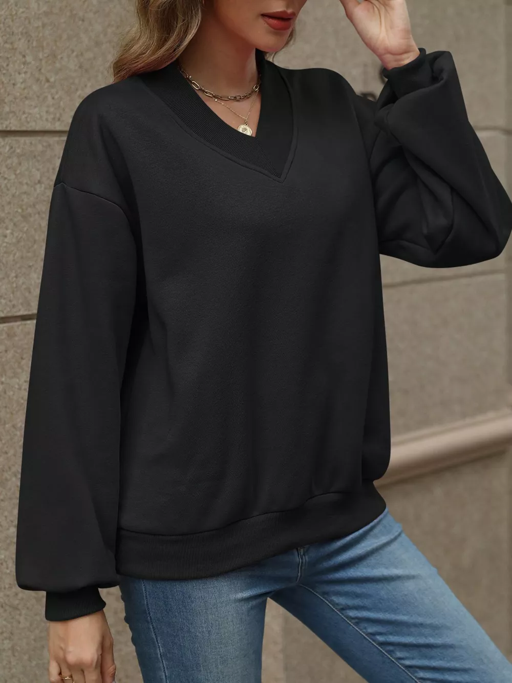 V-Neck Solid Color Casual Sweatshirt, image 5