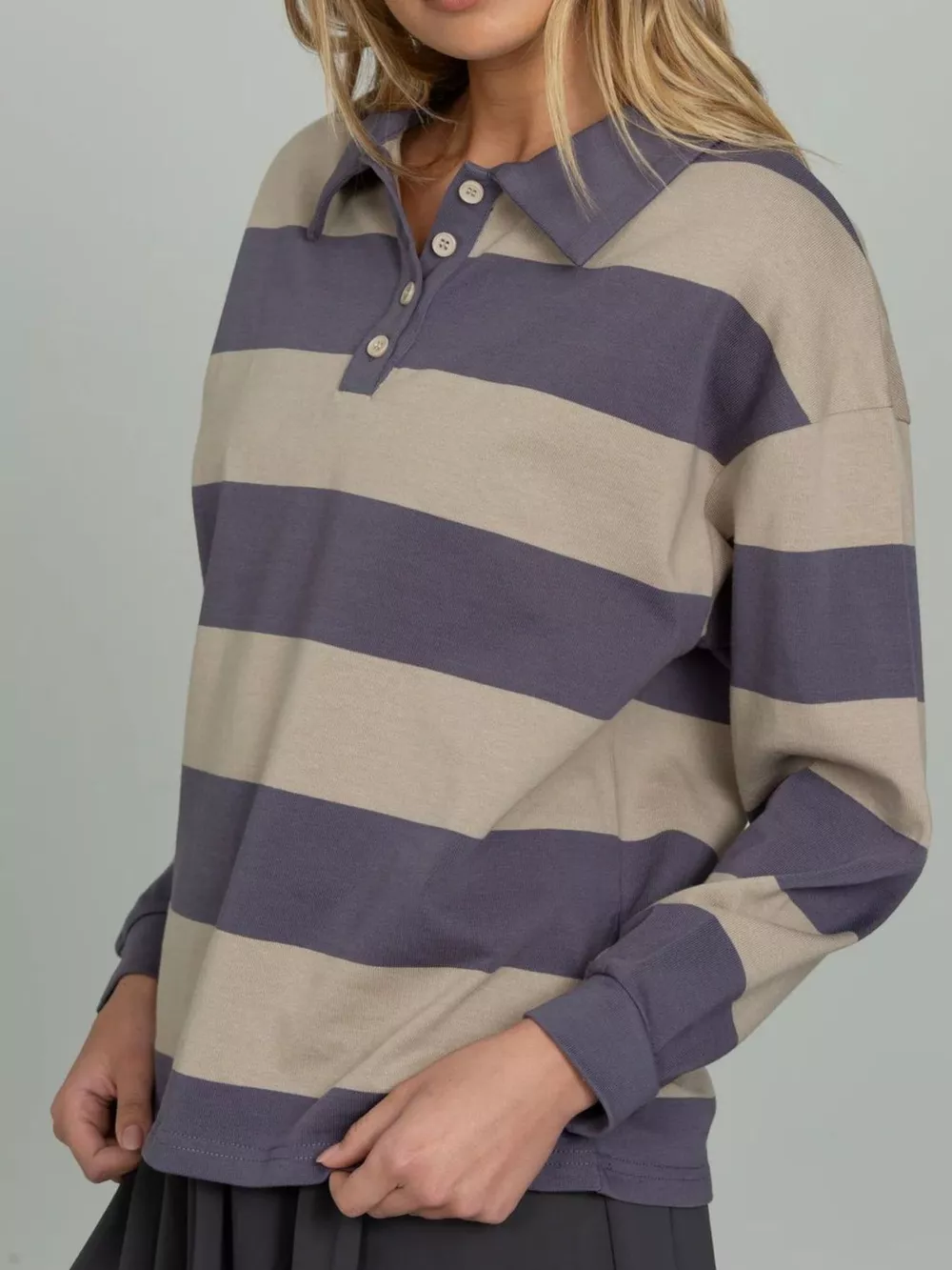 Striped Polo Collar Sweatshirt with Button Details, image 3