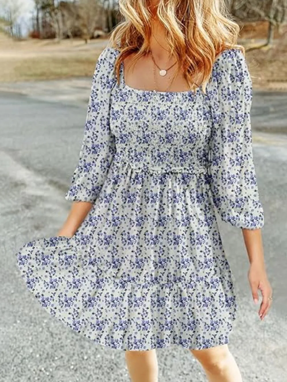 Smocked Floral Square Neck Dress, image 2