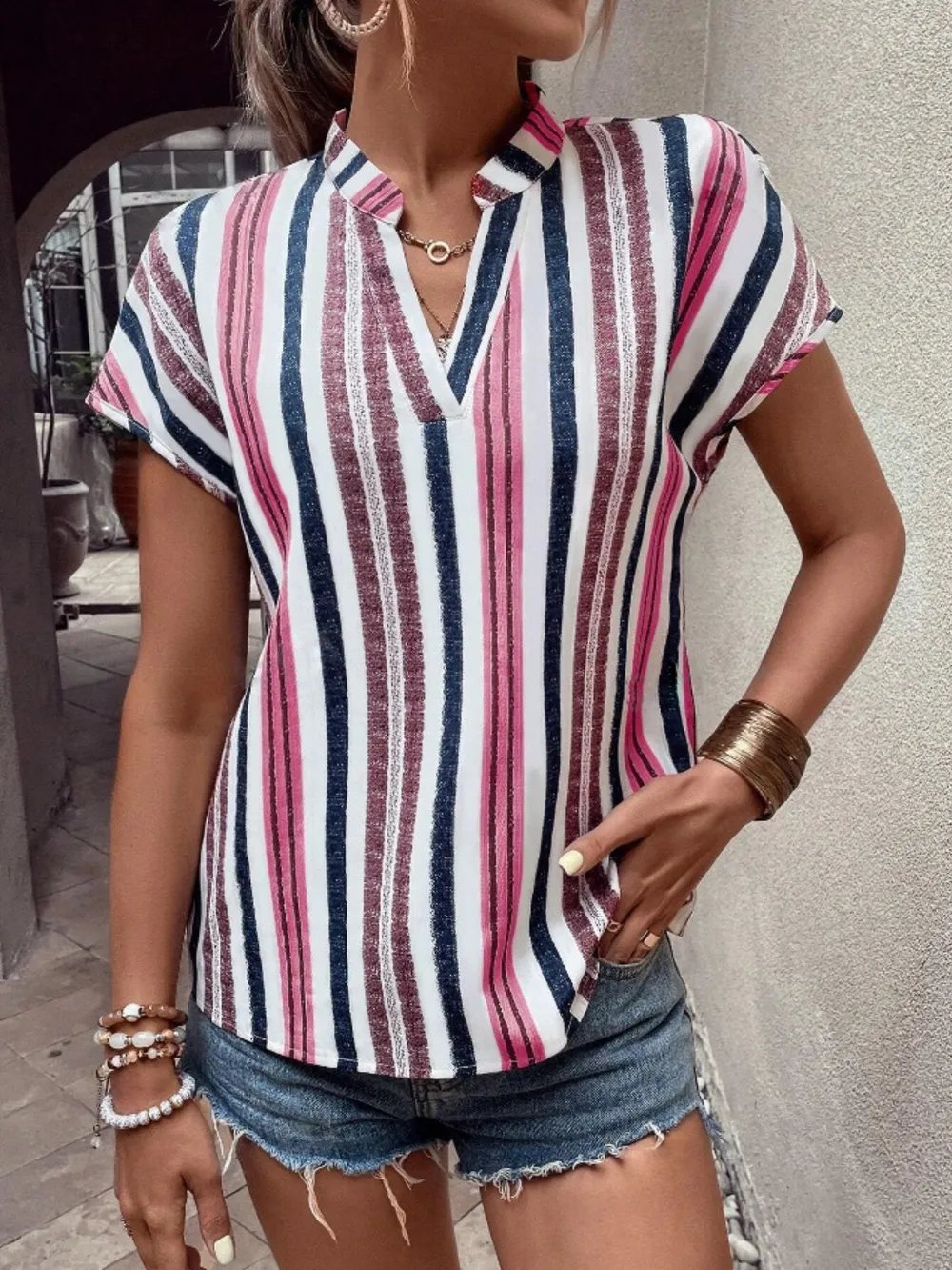 Striped Notched Short Sleeve Shirt, image 3