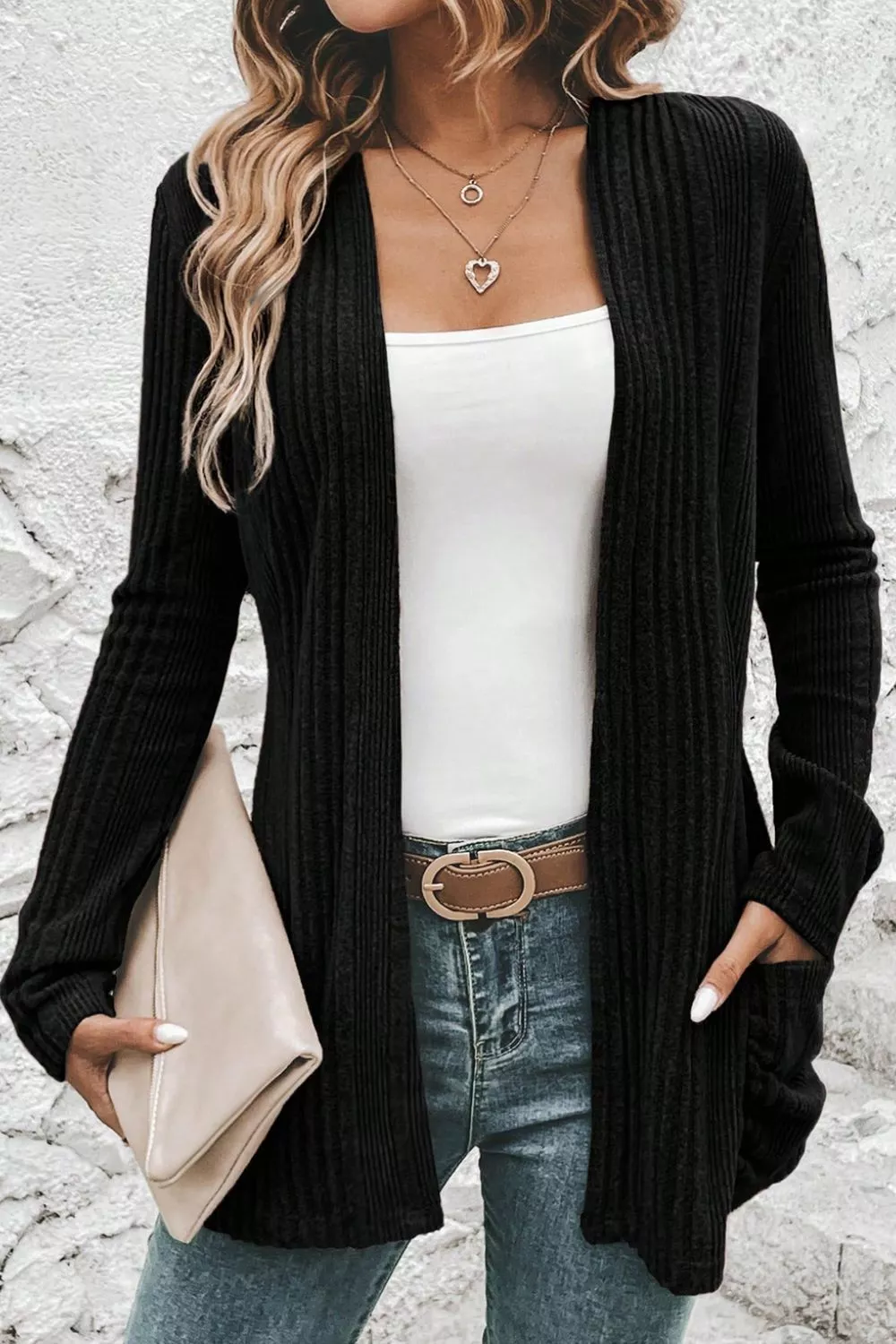 Ribbed Knit Open Front Cardigan with Pockets, image 2