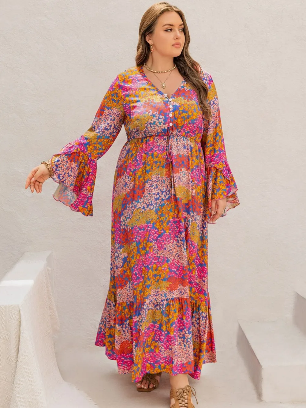 Plus Size Printed V-Neck Long Sleeve Maxi Dress, image 2