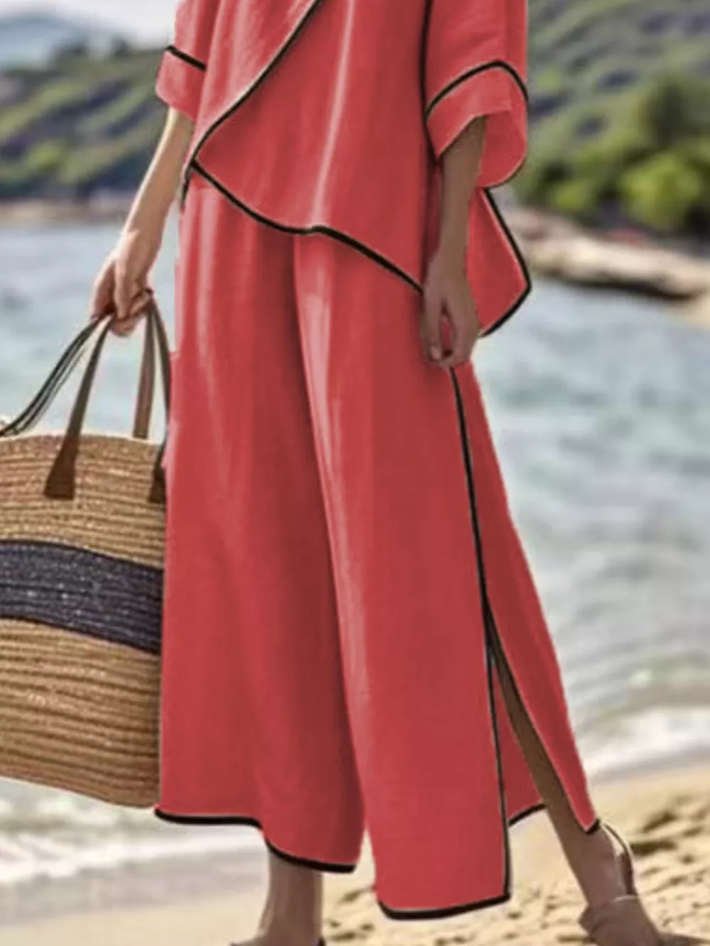 Full Size Contrast Trim Top and Wide Leg Pants Set Plus Size, image 15