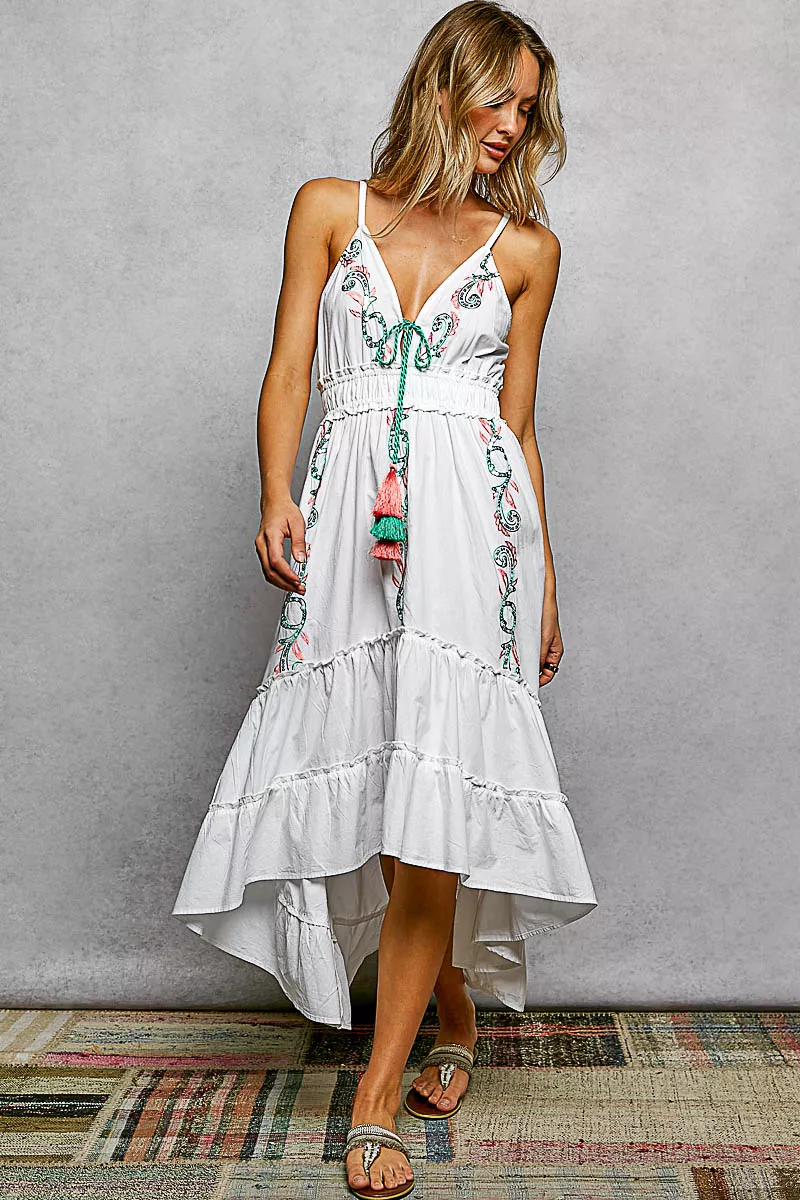 Embroidered Detail Tassel Tie Smocked Waist Midi Tiered Cami Dress, image 3