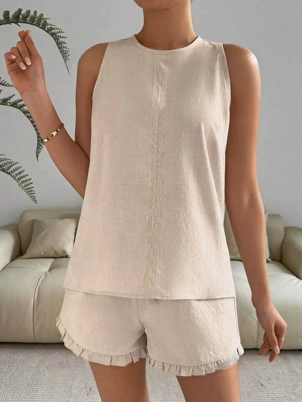 Lace Detail Round Neck Tank and Shorts Set, image 3