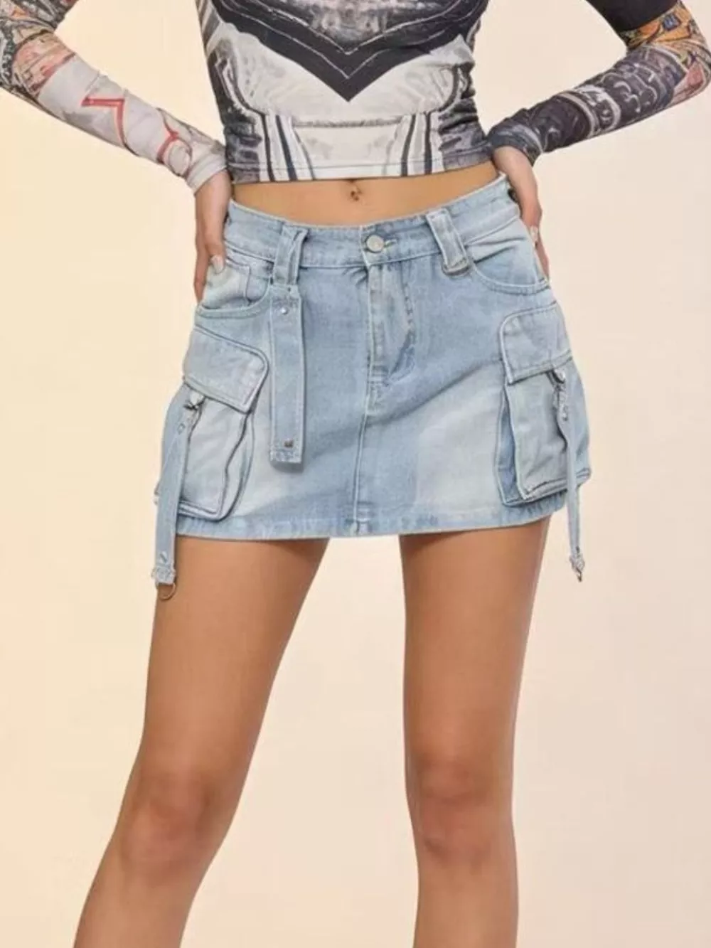 Washed Cargo Denim Skirt, image 2
