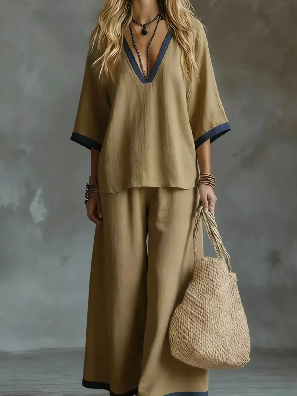 Full Size Contrast Trim V-Neck Top and Pants Set Plus Size