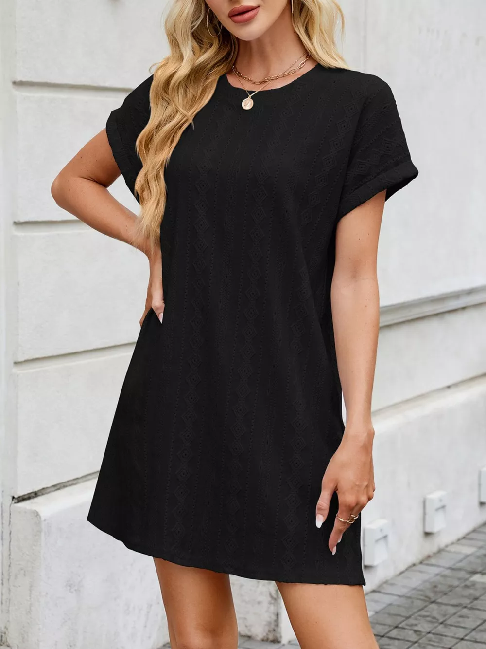 Eyelet Round Neck Casual Mini Dress, image 7