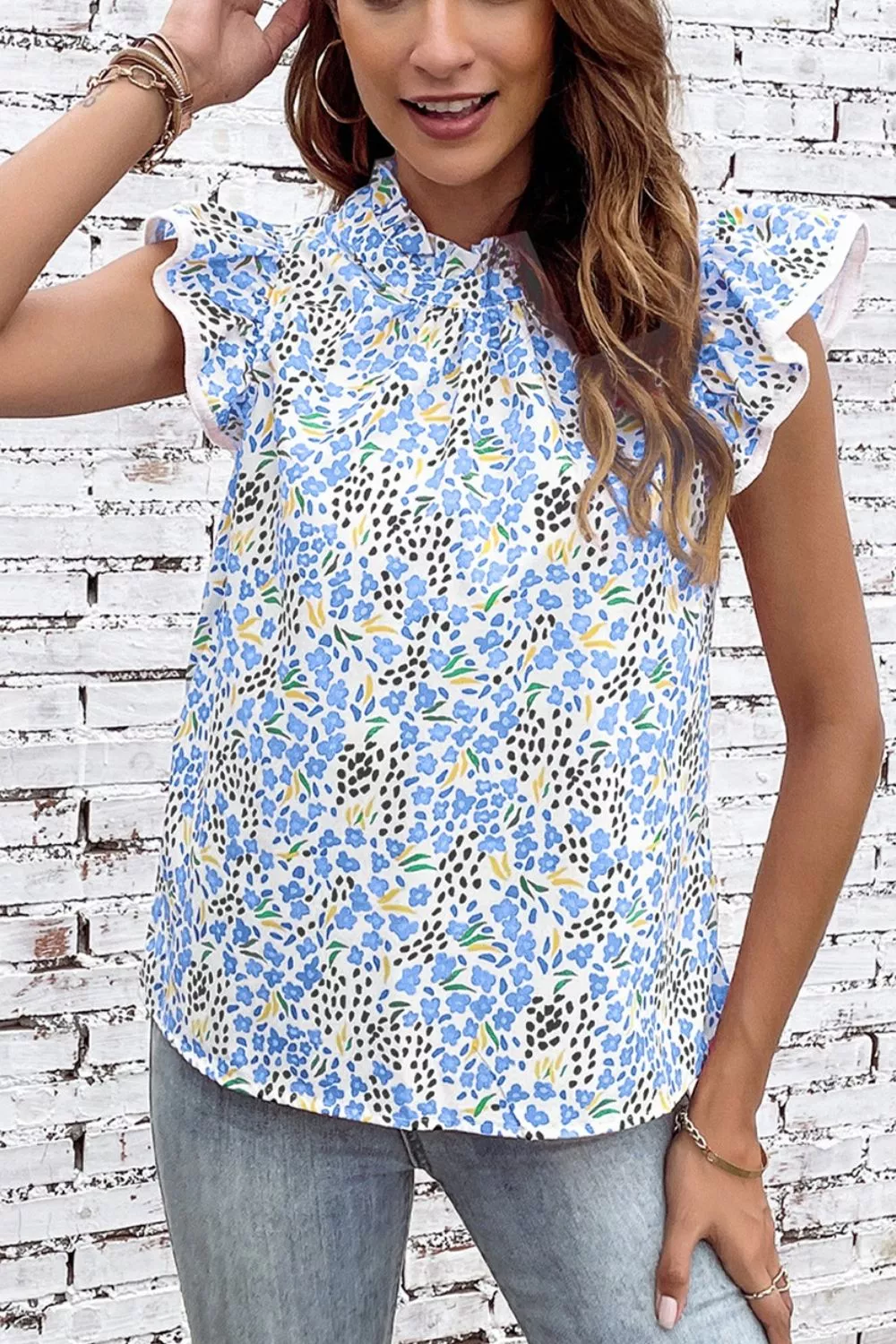 Abstract Print High Neck Flutter Sleeves Top, image 2