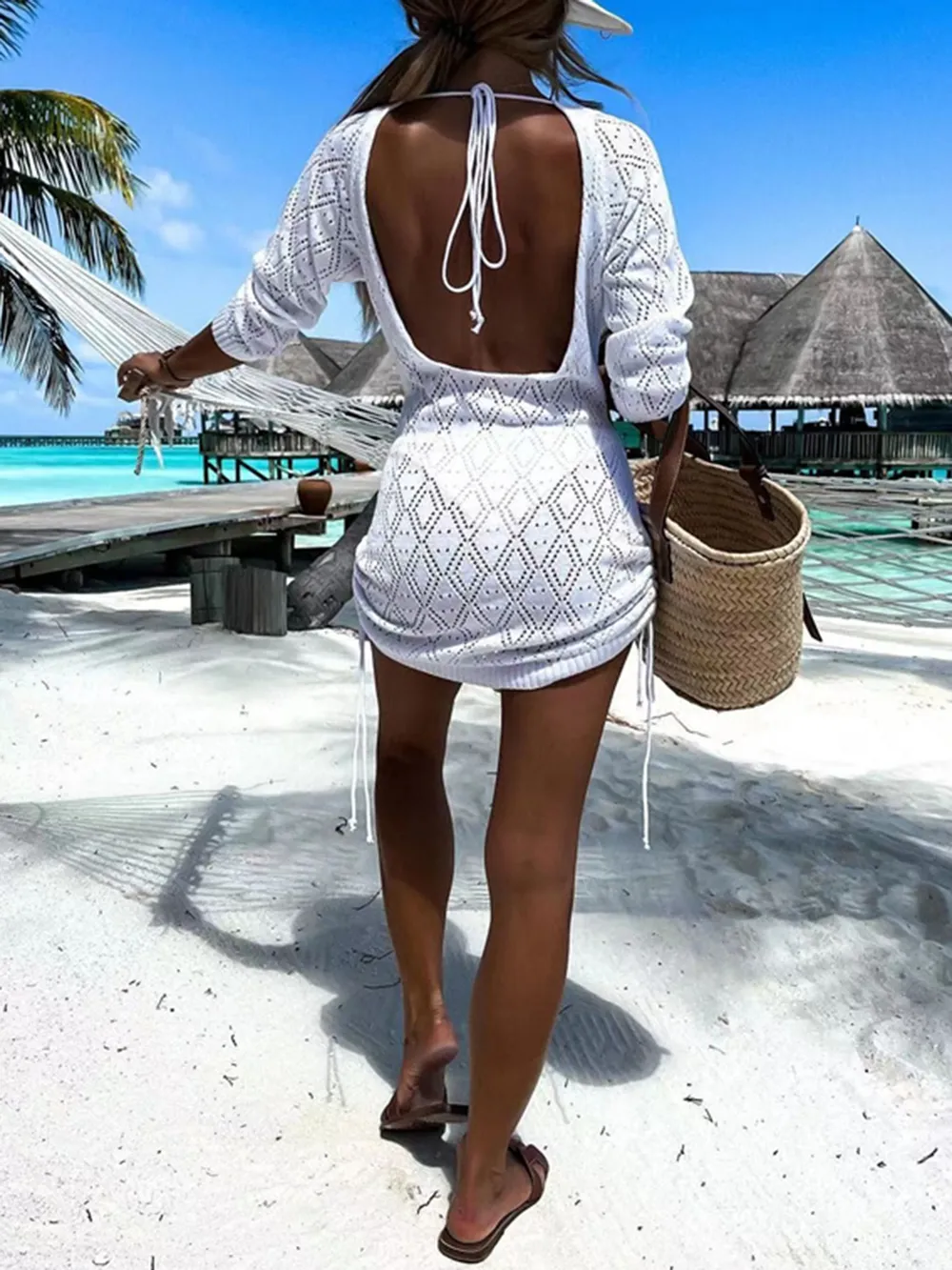 Backless Openwork Drawstring Round Neck Cover Up, image 5