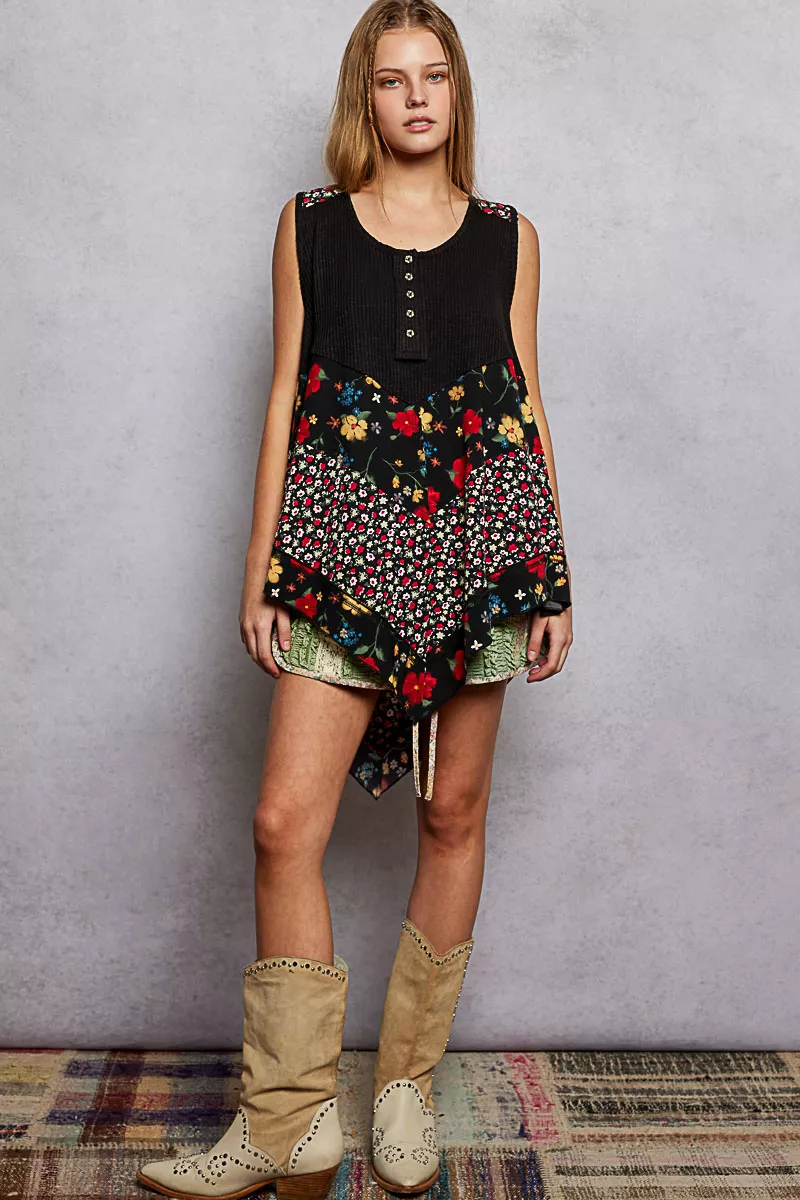 Round Neck Ribbed Tank with Woven Print Patch, image 2