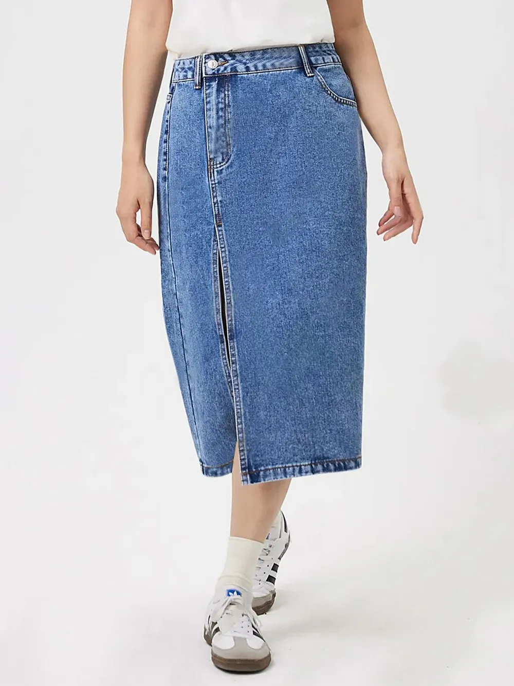 Slit Midi Denim Skirt with Pockets, image 5