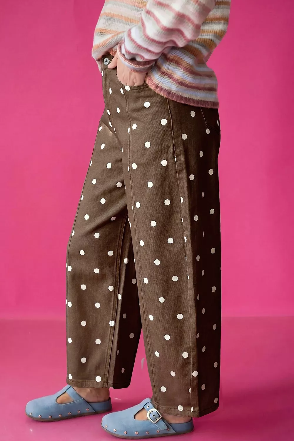 Tailored Seam Polka Dot Print Barrel Casual Jeans, image 6