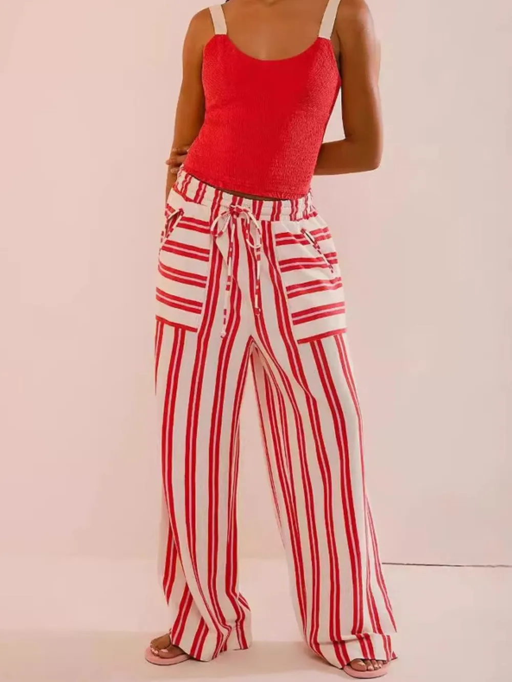 Striped Wide-Leg Drawstring Pants, image 3