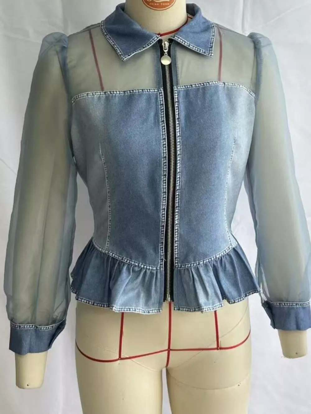 Mesh Sleeve Peplum Denim Top with Front Zipper, image 5