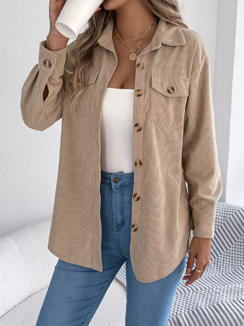 Casual Corduroy Button-Up Shacket, image 4