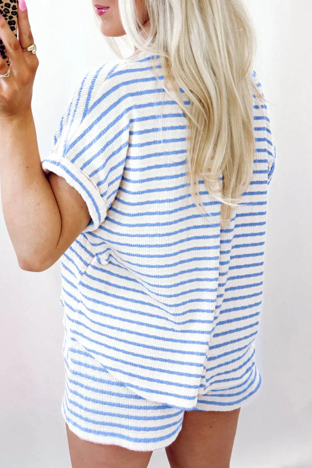 Stripe Knitted Short Sleeve Top and Drawstring Shorts Set, image 2