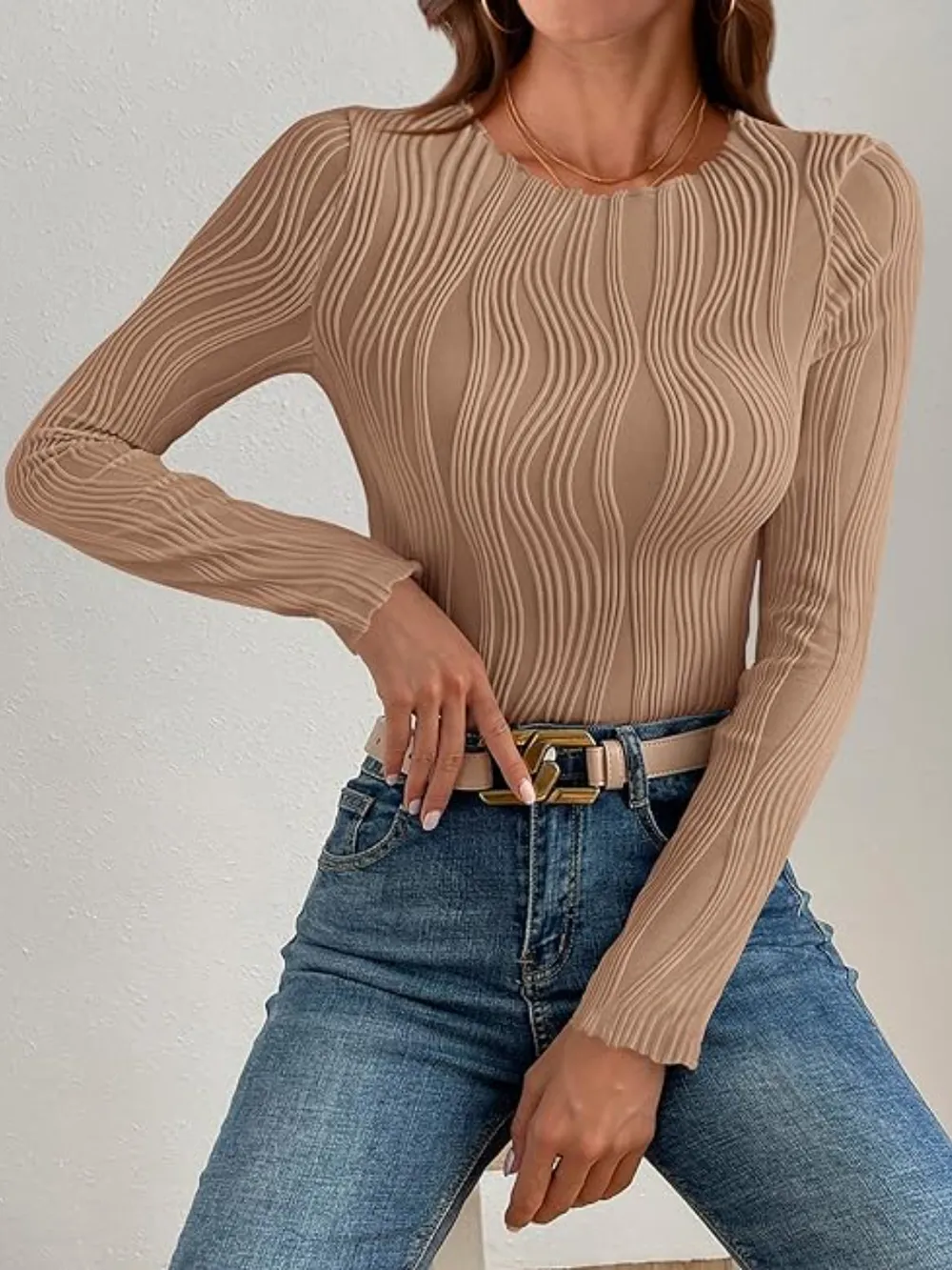 Textured Round Neck Long Sleeve Top, image 4