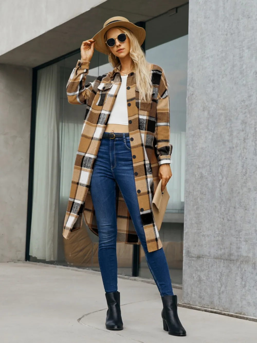 Plaid Pocketed Button Up Trench Coat, image 3