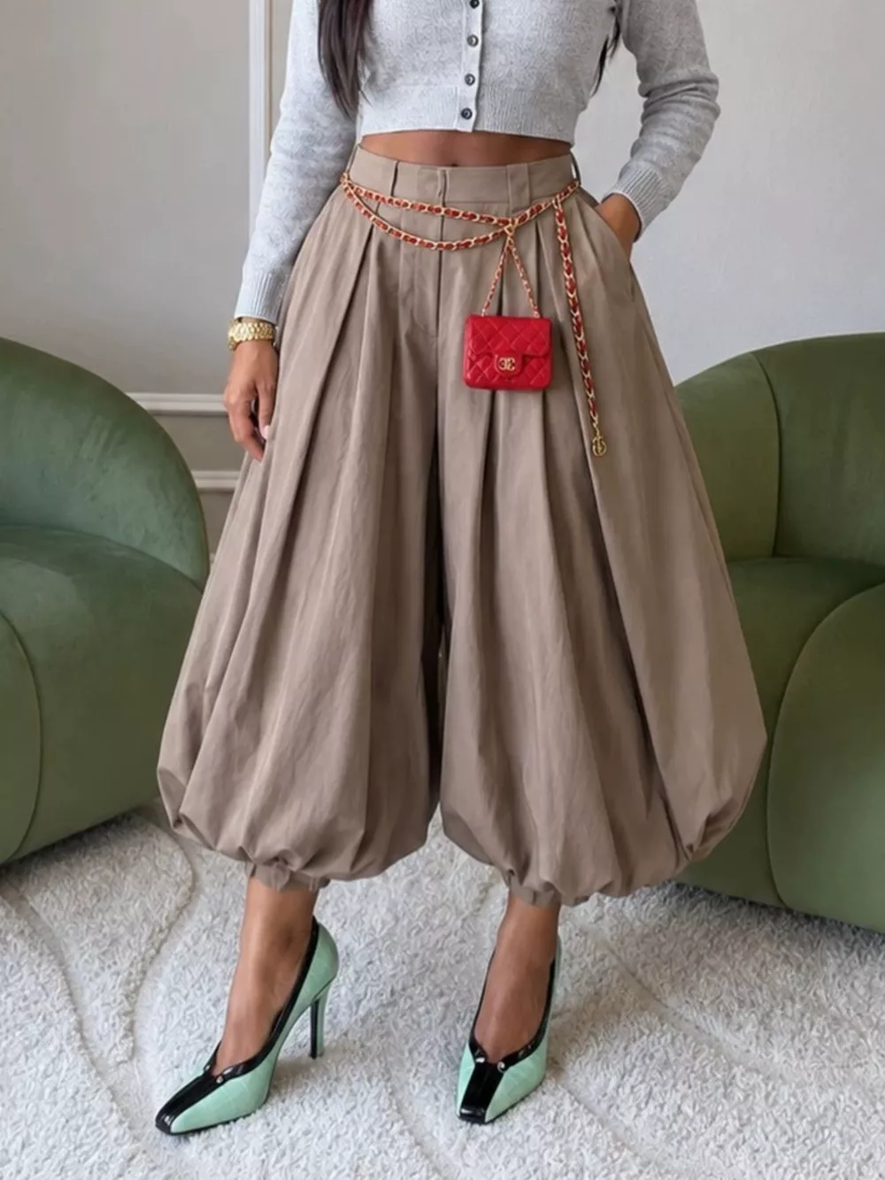 High-Waisted Ruched Balloon Pants, image 3