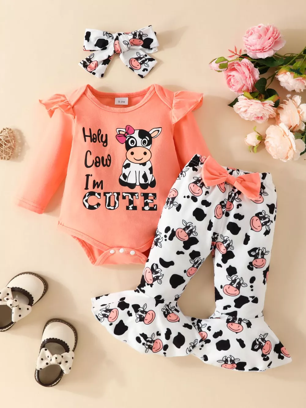 Children's Cow Graphic Ruffle Trim Bodysuit and Pants Set