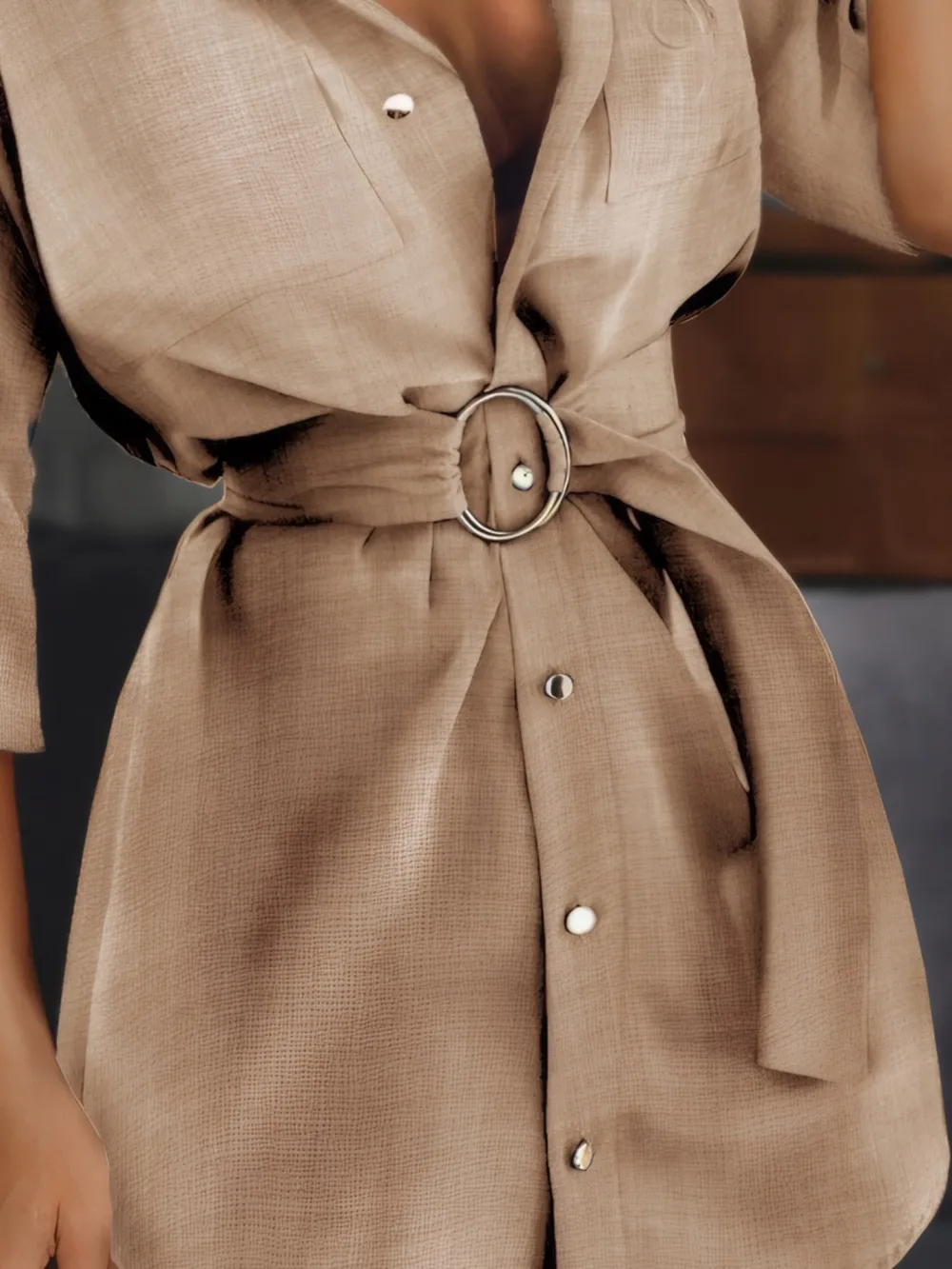 Button-Front Belted Shirt Dress, image 3