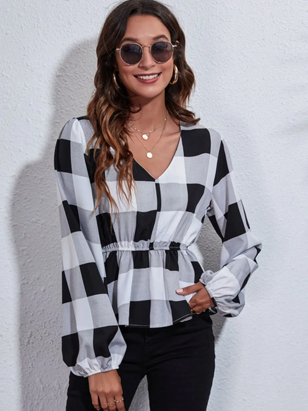 Ruched Printed V-Neck Long Sleeve Blouse, image 2