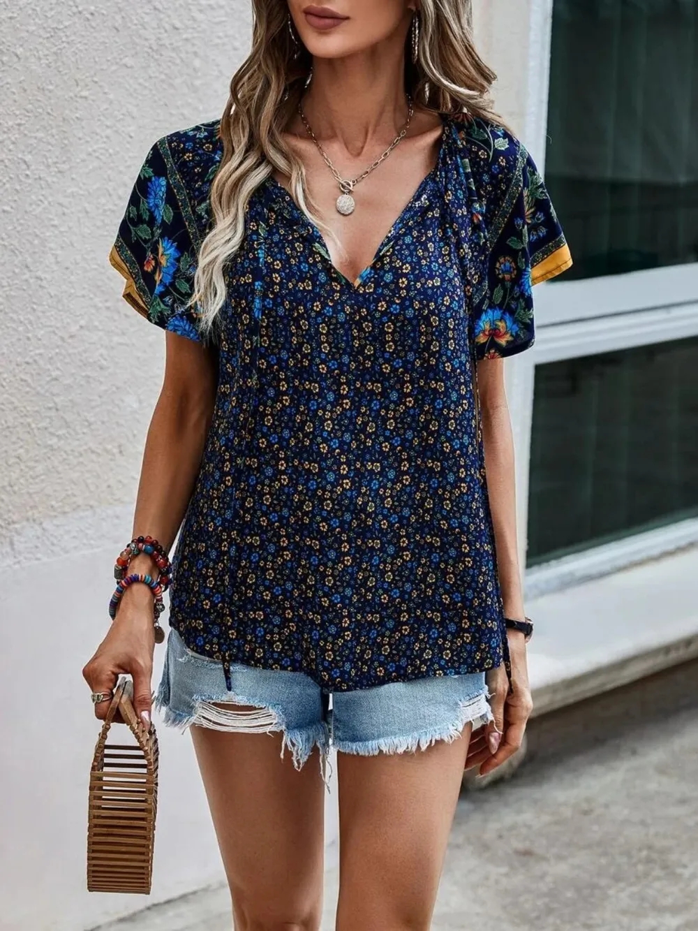Printed Tie Neck Short Sleeve Blouse, image 3