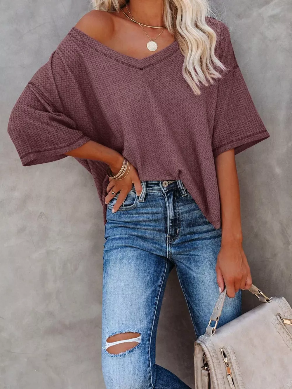 Waffle Knit V-Neck Short Sleeve T-Shirt, image 23