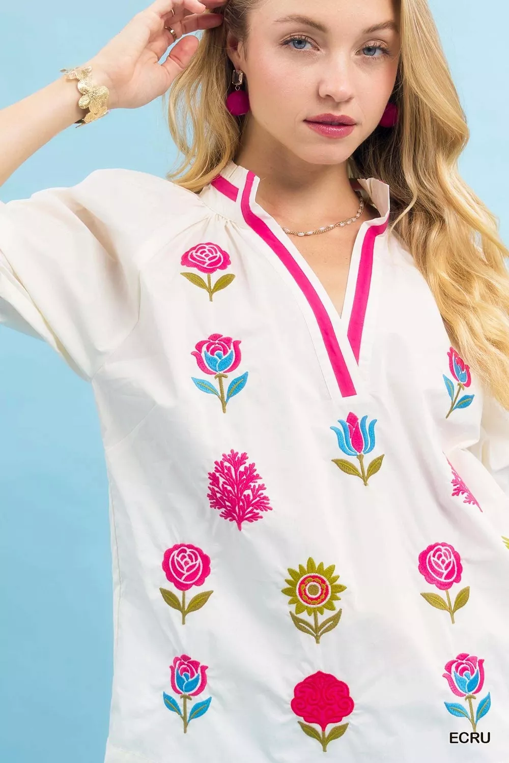 Embroidered Floral Top with Contrast Trim, image 2