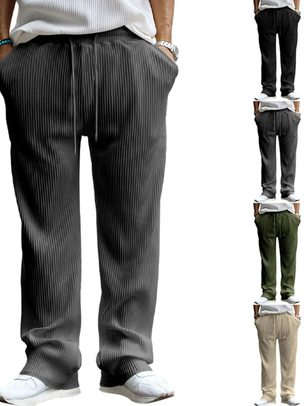 Men's Full Size Ribbed Drawstring Wide Leg Pants with Plus Size, image 2