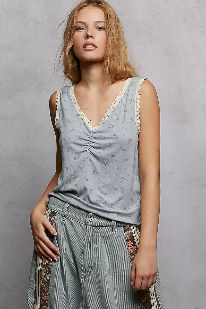 Ruched Floral V-Neck Tank with Lace Detail, image 2