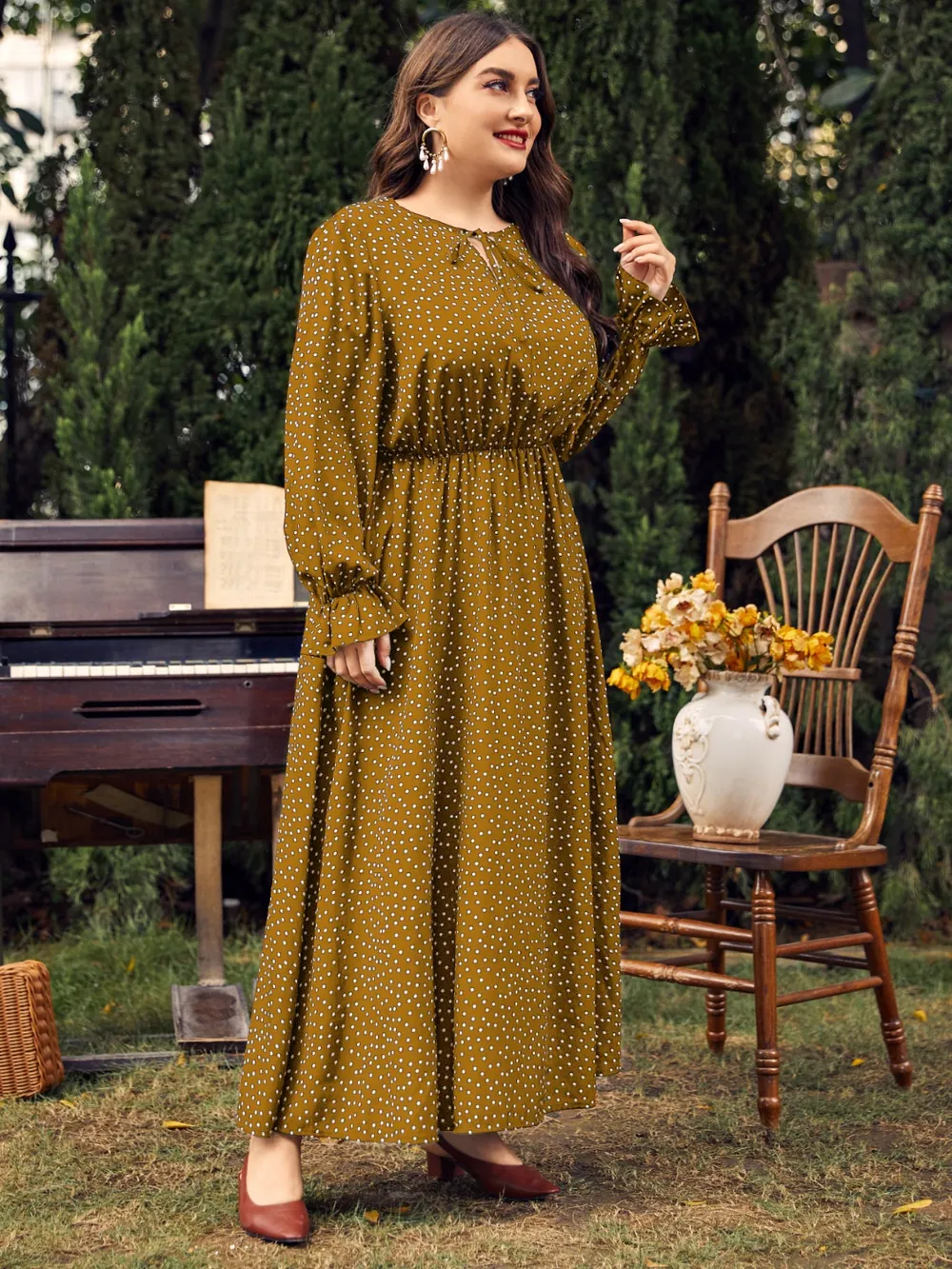 Plus Size Ruffled Polka Dot Long Sleeve Midi Dress, image 2