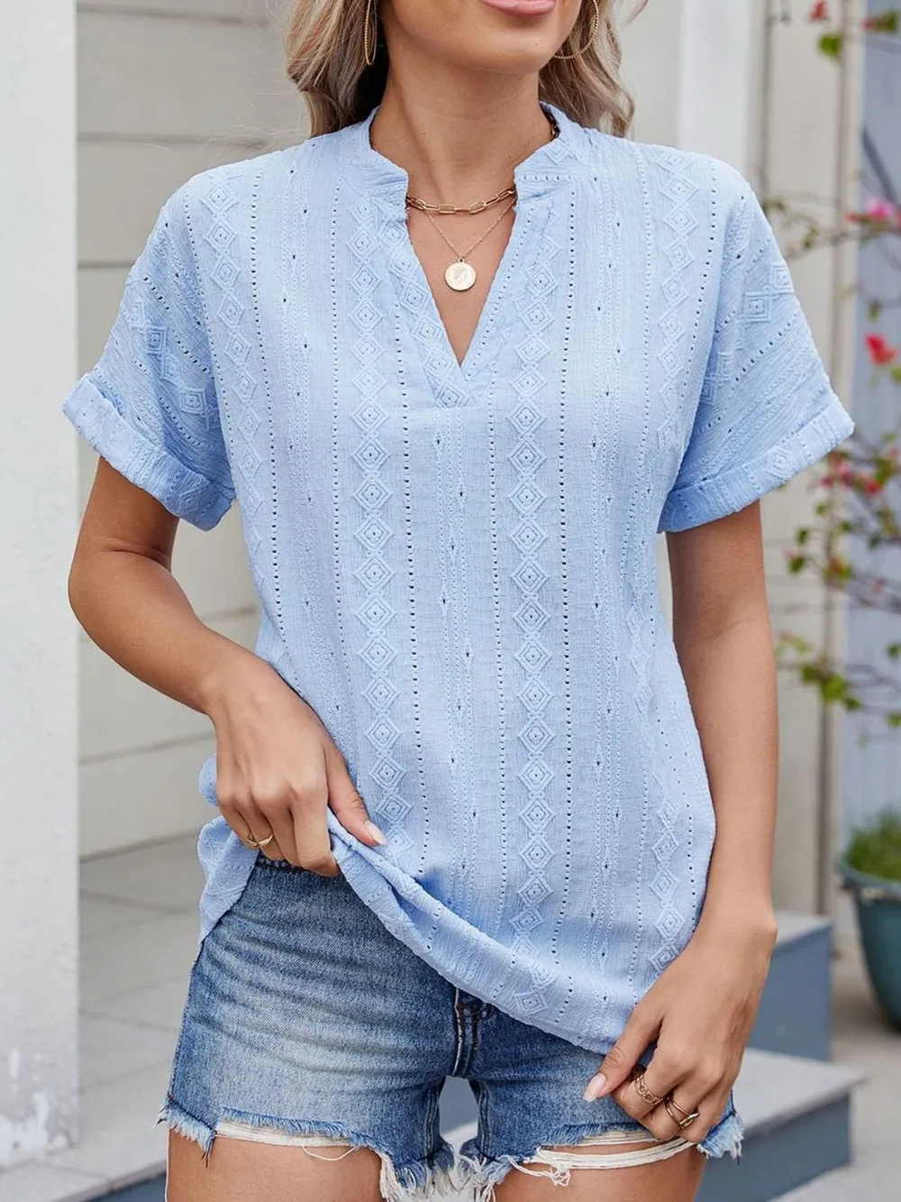 Eyelet Notched Short Sleeve Top, image 7