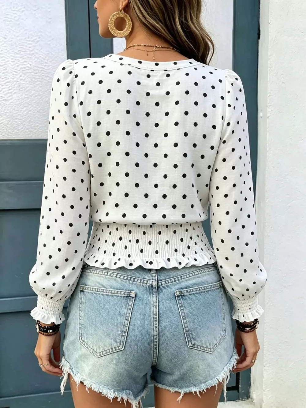 Polka Dot V-Neck Smocked Blouse, image 2