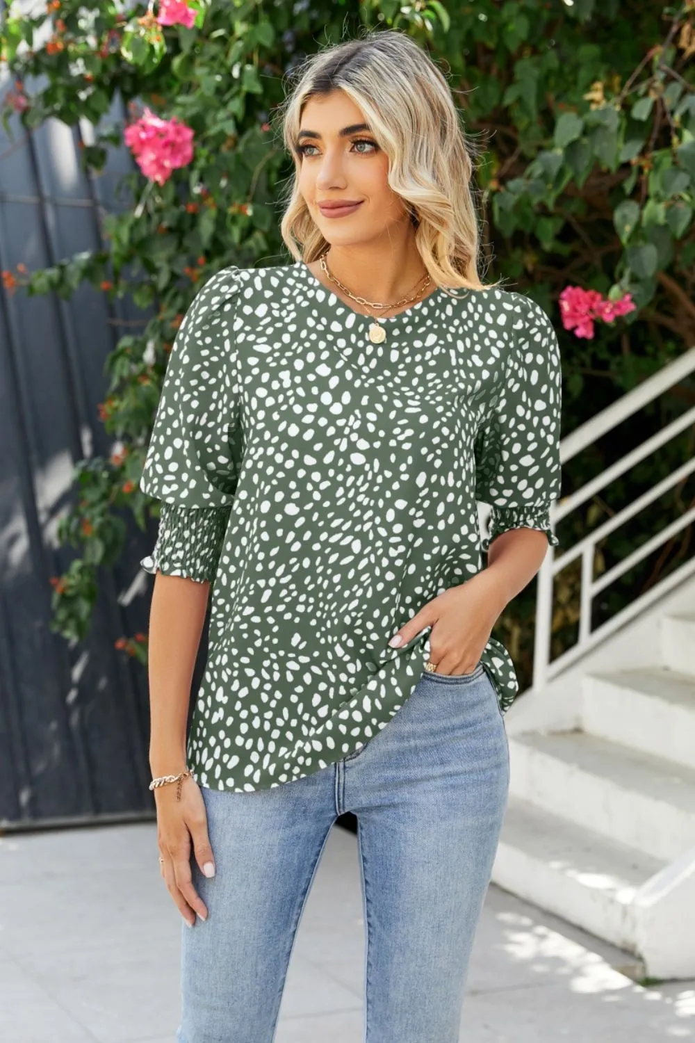 Polka Dot Round Neck Lantern Sleeve Blouse, image 18