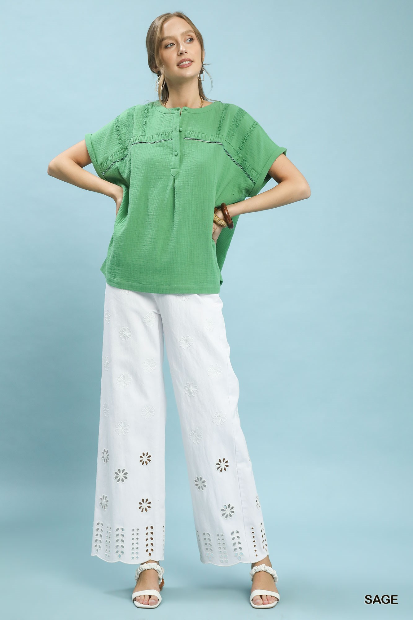 Textured Gauze Split-Neck Boho Blouse, image 2