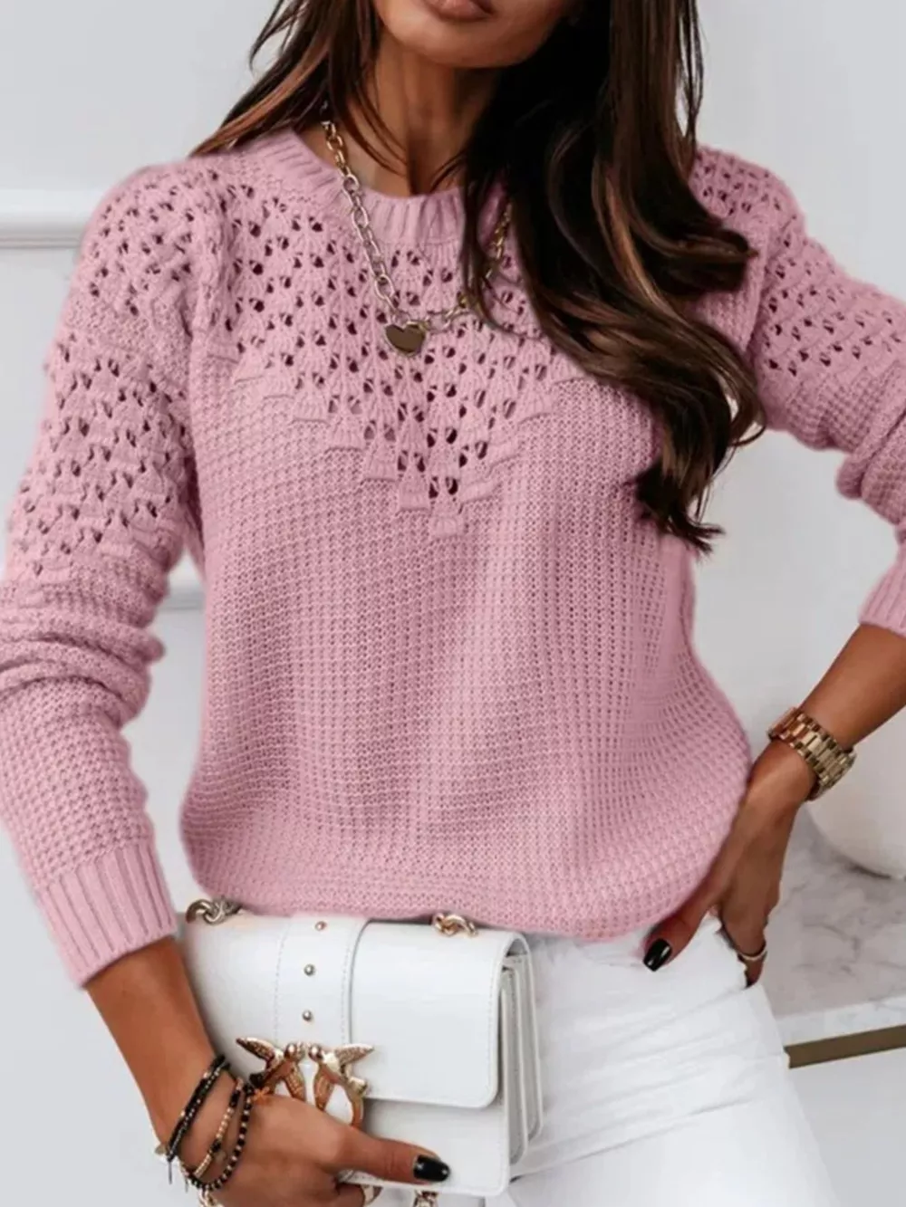 Textured Openwork Round Neck Sweater, image 4
