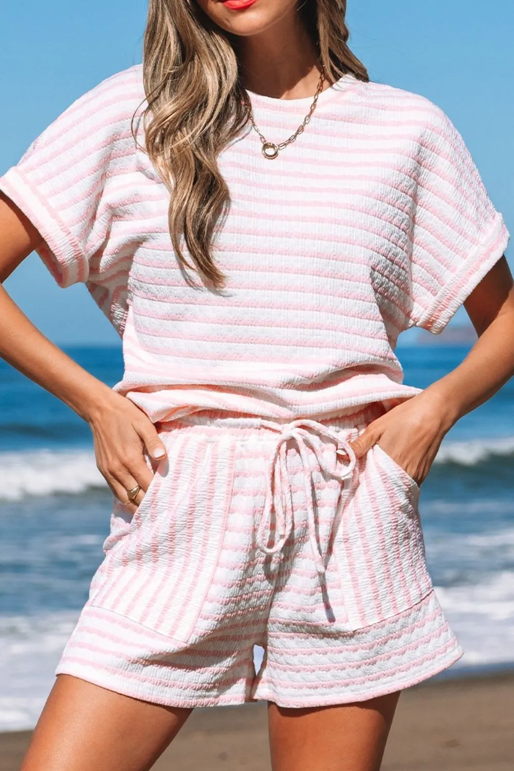 Stripe Knitted Short Sleeve Top and Drawstring Shorts Set, image 3