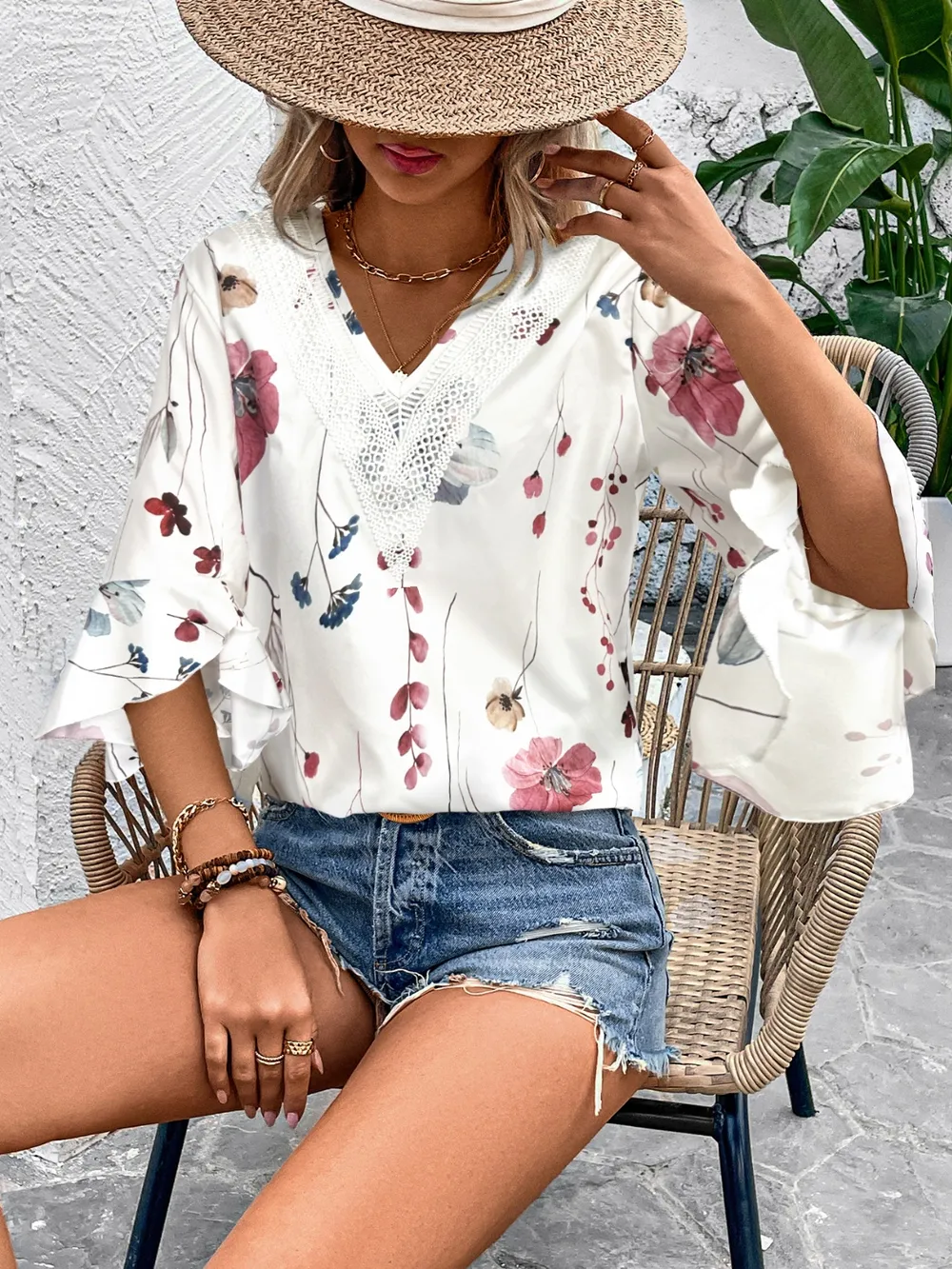 Ruffled Printed V-Neck Half Sleeve Blouse, image 2