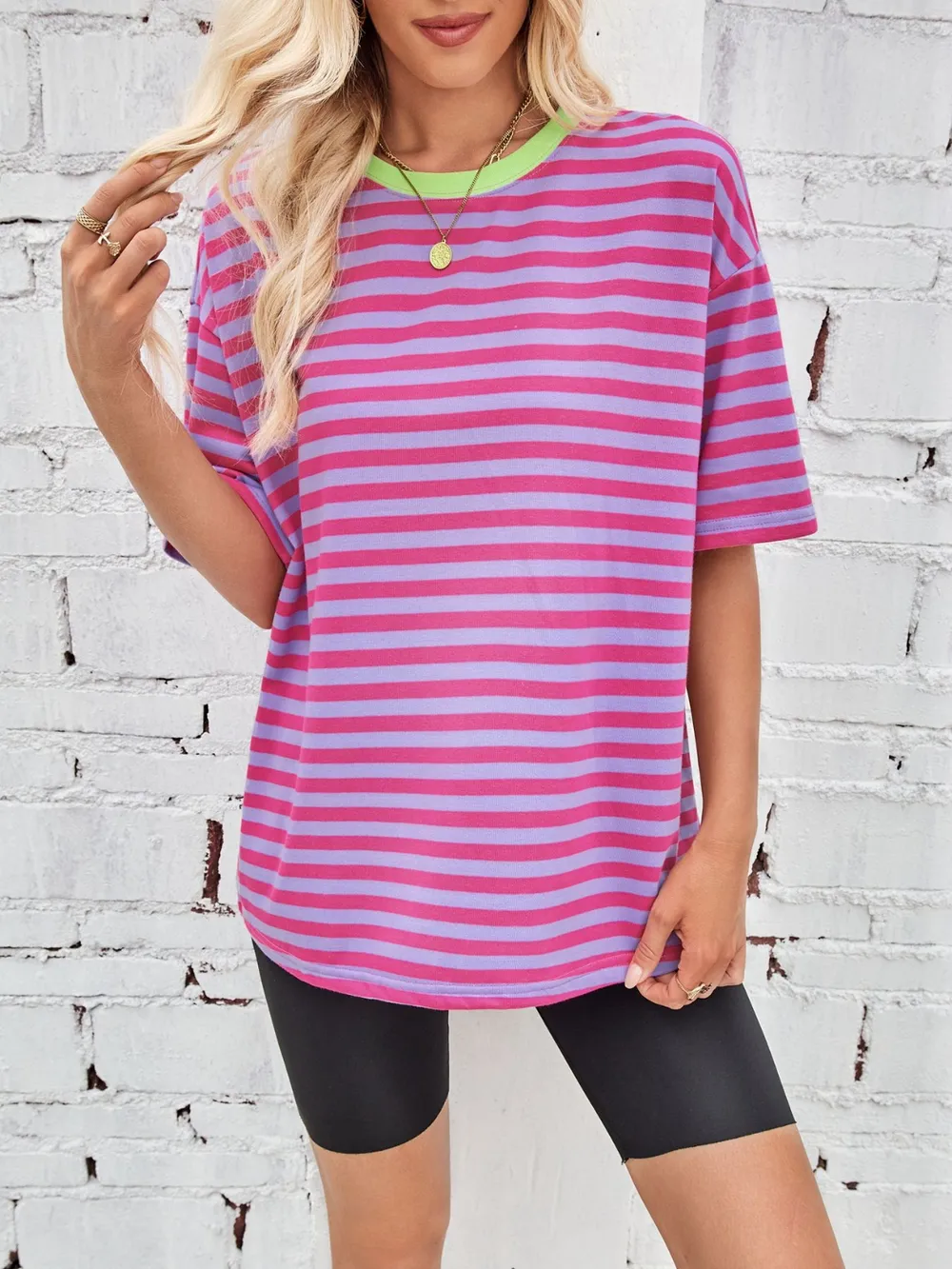 Contrast Striped Round Neck T-Shirt, image 3