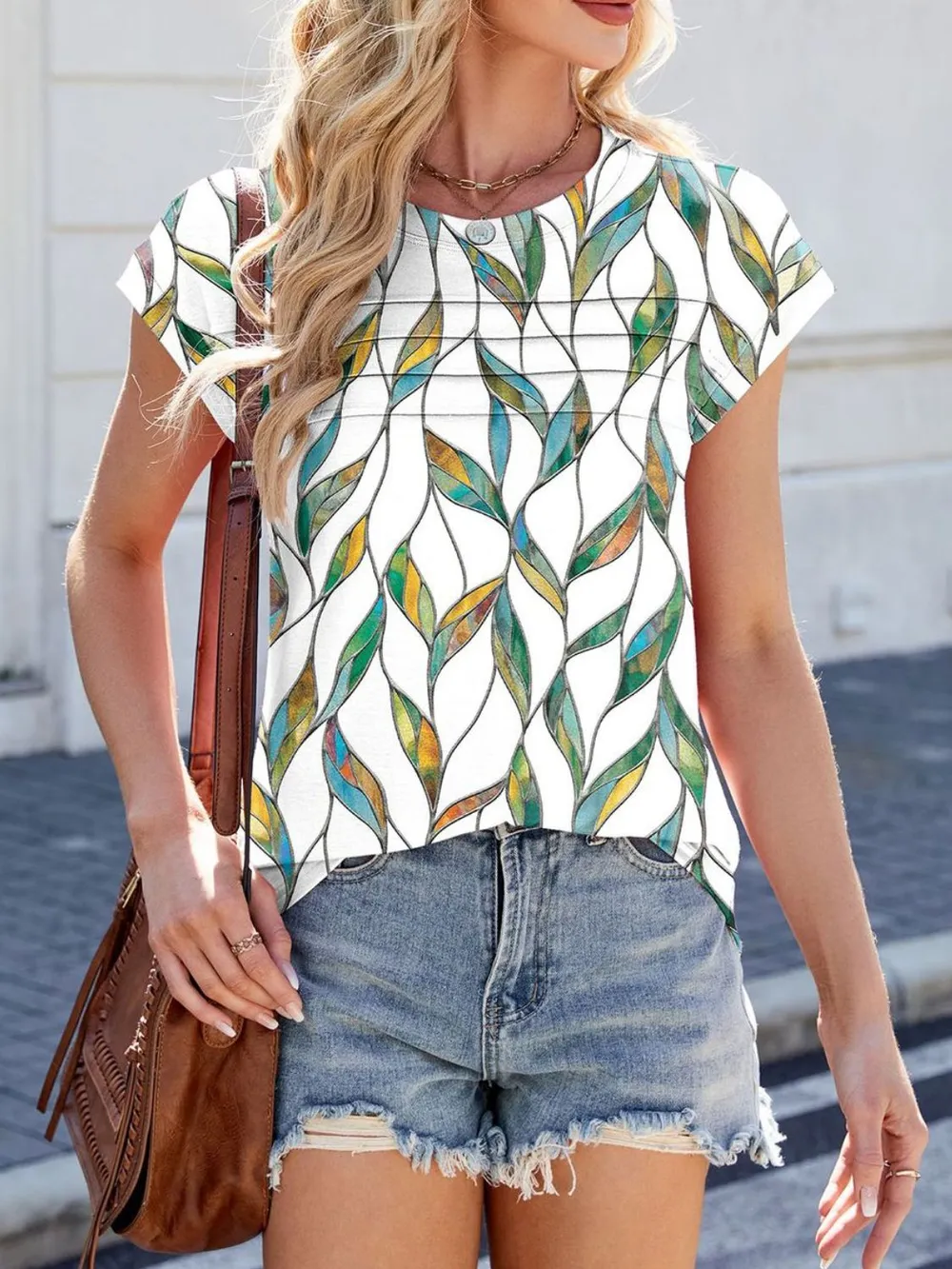 Printed Round Neck Cap Sleeve Top, image 3