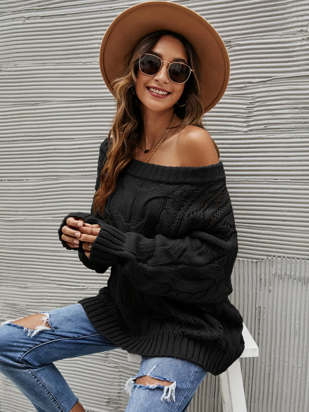 Cable Knit Openwork Off-Shoulder Sweater, image 3