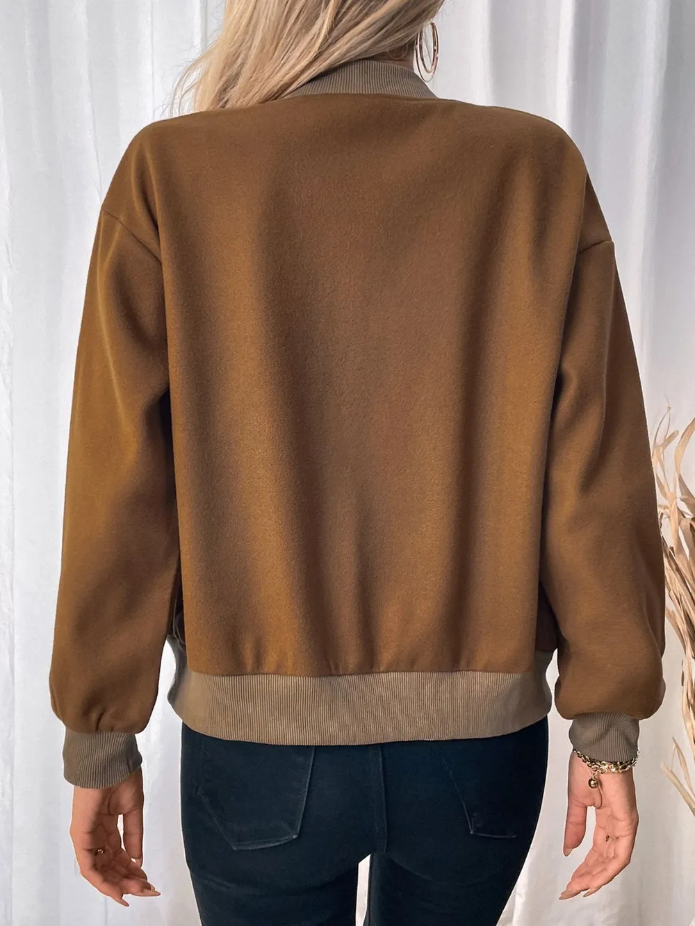 Baseball Collar Snap Down Long Sleeve Jacket, image 2