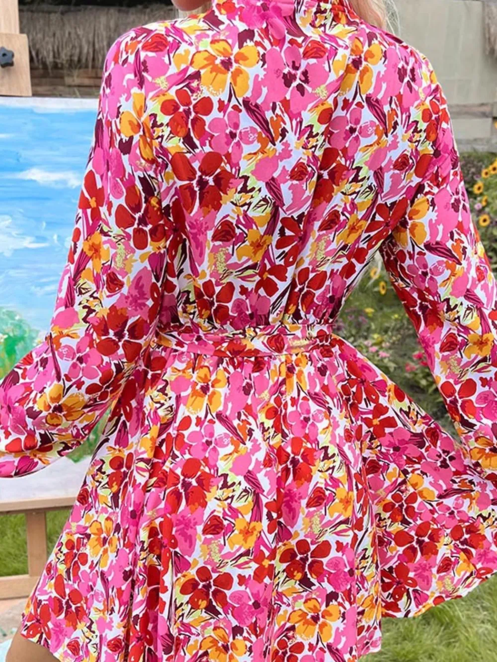 Tie Front Printed Long Sleeve Mini Dress, image 4