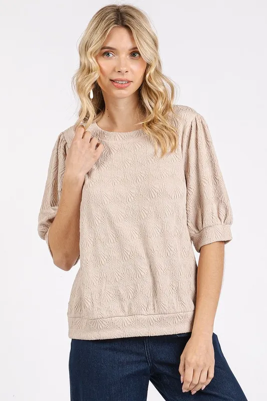 Fan Shell Texture Short Puff Sleeve Knit Top, image 3