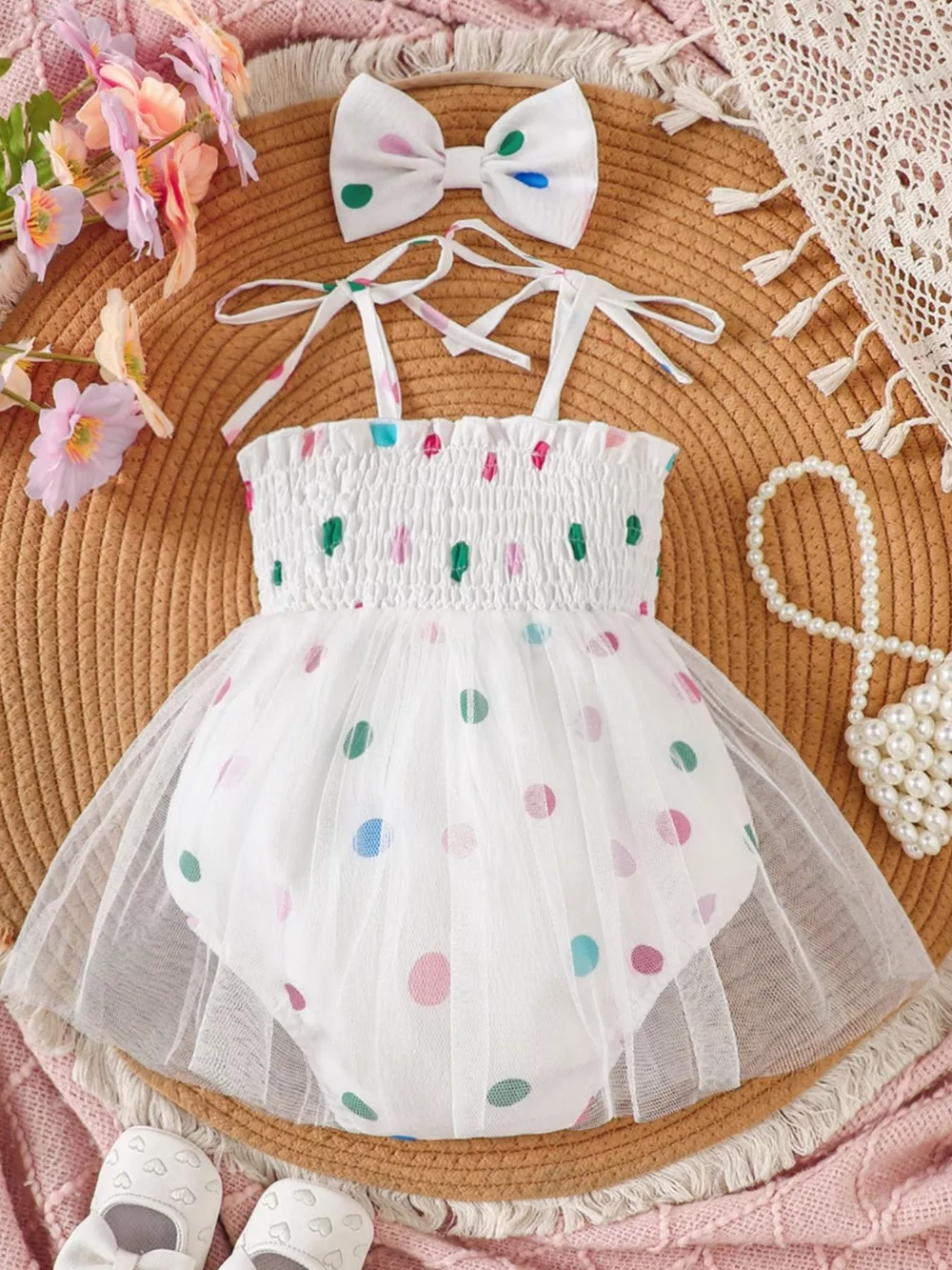 Children's Smocked Tie Shoulder Bodysuit Dress with Headband, image 6