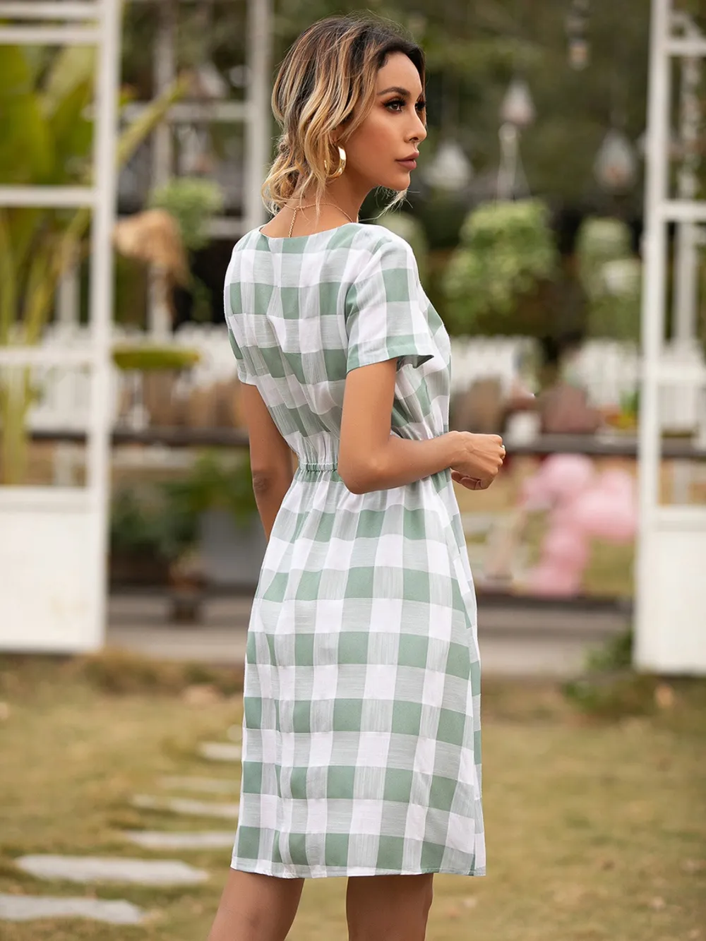 Smocked Plaid Round Neck Short Sleeve Dress, image 5