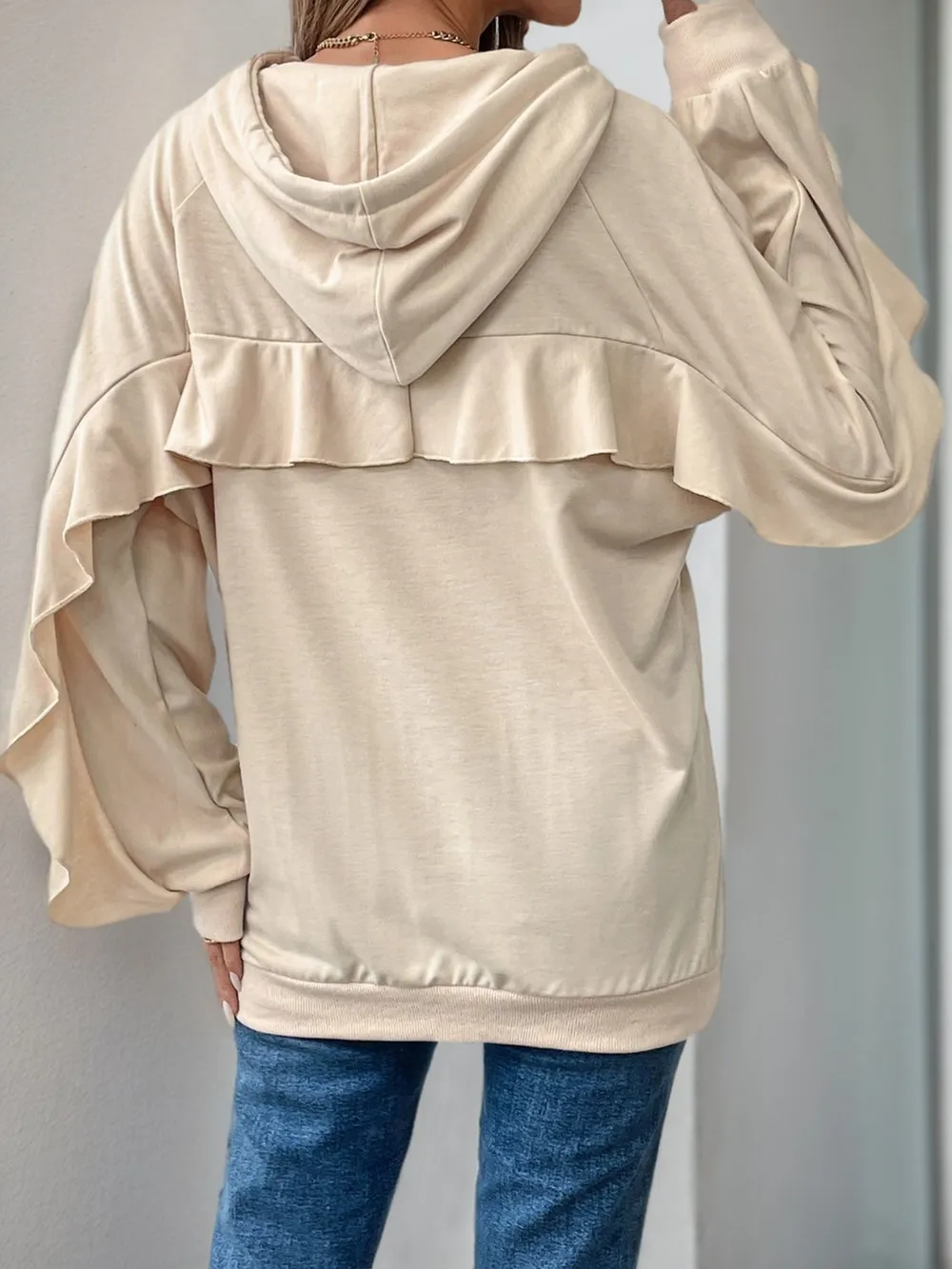 Drawstring Ruffled Long Sleeve Hoodie, image 2